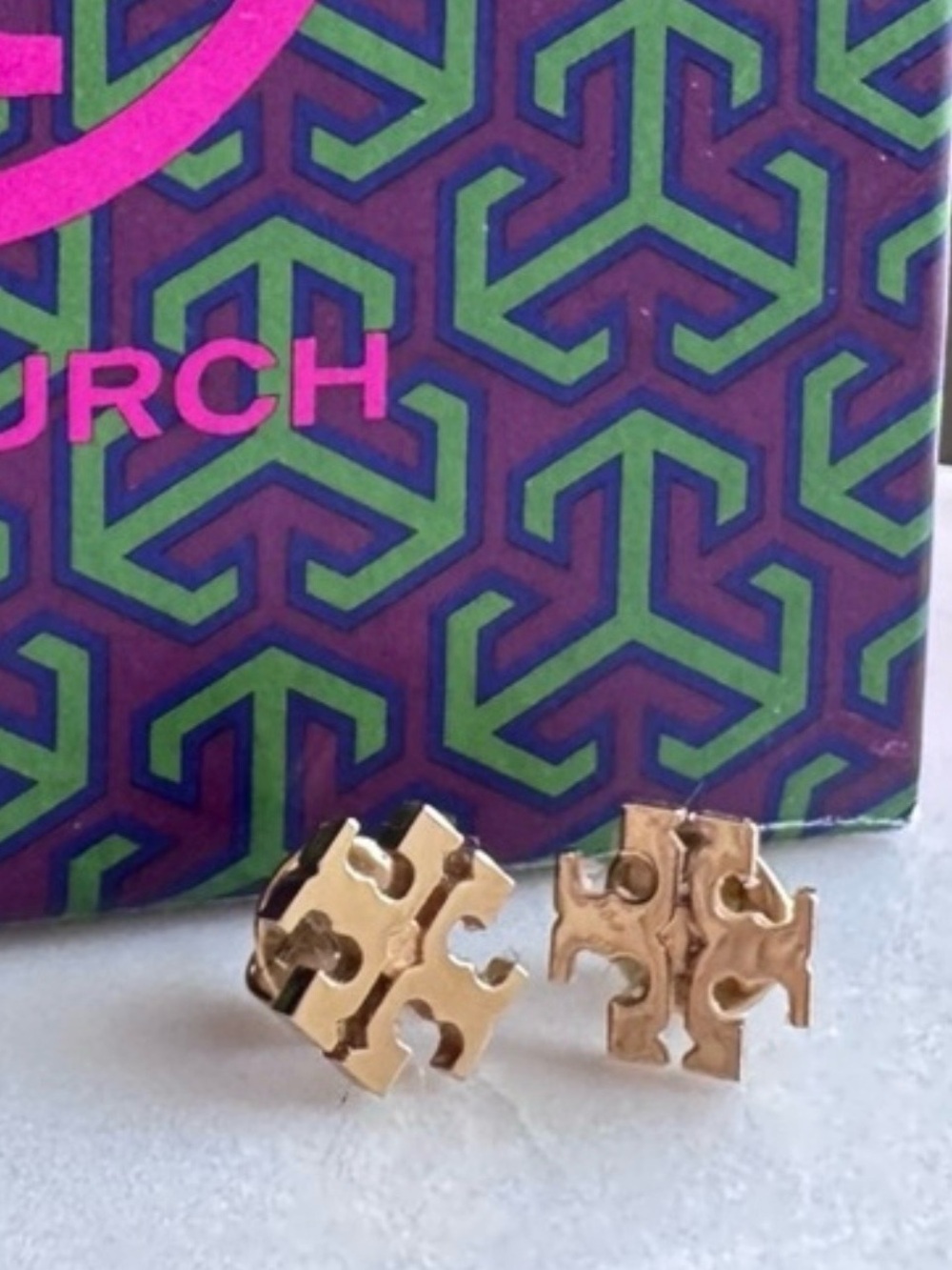Tory Burch Gold Double-T Earrings with Pink Logo Box